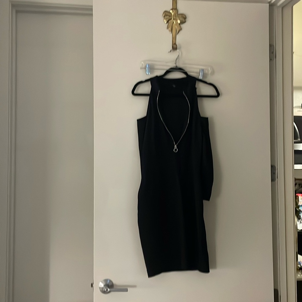 Guess Black cut out shoulder long sleeve mock neck zip up mini dress